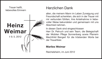 Traueranzeige von Heinz Weimar von Odenwälder Echo