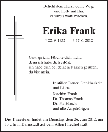 Traueranzeige von Erika Frank von Echo-Zeitungen (Gesamtausgabe)