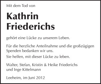 Traueranzeige von Kathrin Friederichs von Rüsselsheimer Echo, Groß-Gerauer-Echo, Ried Echo