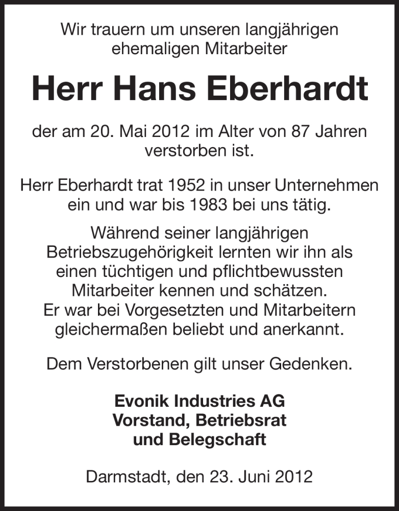  Traueranzeige für Hans Eberhardt vom 23.06.2012 aus Echo-Zeitungen (Gesamtausgabe)