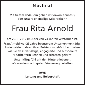 Traueranzeige von Rita Arnold von Starkenburger Echo