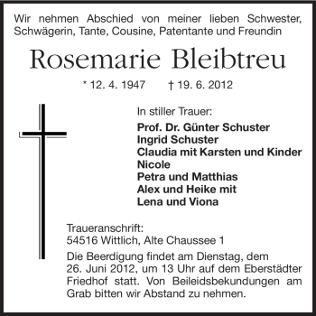 Traueranzeige von Rosemarie Bleibtreu von Echo-Zeitungen (Gesamtausgabe)