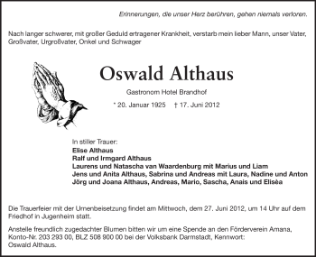 Traueranzeige von Oswald Althaus von Echo-Zeitungen (Gesamtausgabe)