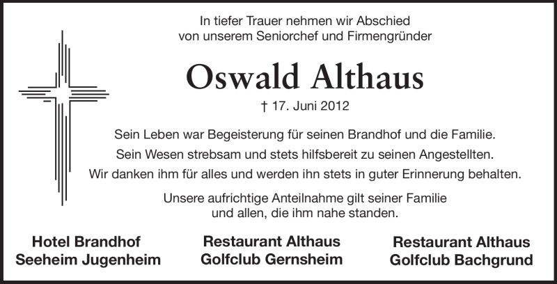  Traueranzeige für Oswald Althaus vom 23.06.2012 aus Echo-Zeitungen (Gesamtausgabe)