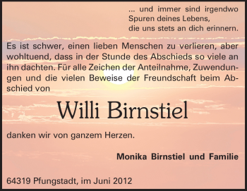 Traueranzeige von Willi Birnstiel von Echo-Zeitungen (Gesamtausgabe)