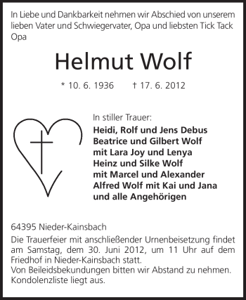 Traueranzeige von Helmut Wolf von Odenwälder Echo