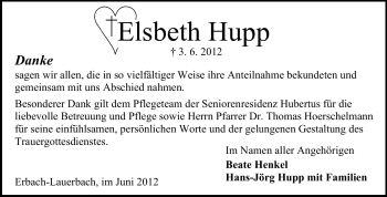 Traueranzeige von Elsbeth Hupp von Odenwälder Echo