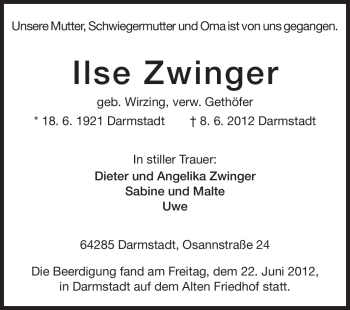Traueranzeige von Ilse Zwinger von Darmstädter Echo, Odenwälder Echo, Rüsselsheimer Echo, Groß-Gerauer-Echo, Ried Echo