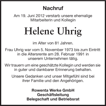Traueranzeige von Helene Uhrig von Odenwälder Echo