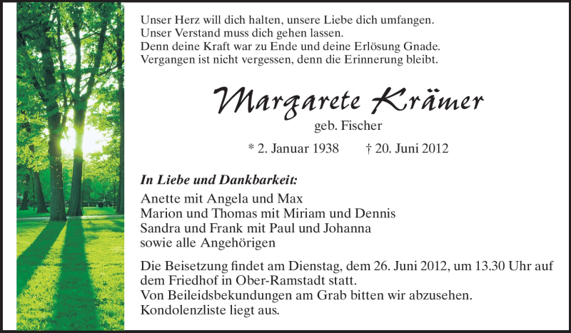  Traueranzeige für Margarete Krämer vom 23.06.2012 aus Echo-Zeitungen (Gesamtausgabe)