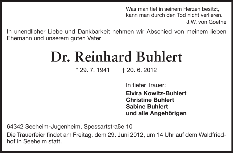  Traueranzeige für Reinhard Buhlert vom 23.06.2012 aus Echo-Zeitungen (Gesamtausgabe)