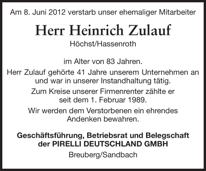  Traueranzeige für Heinrich Zulauf vom 23.06.2012 aus Odenwälder Echo
