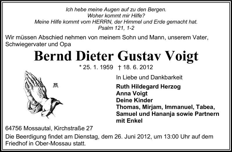  Traueranzeige für Bernd Dieter Gustav Voigt vom 23.06.2012 aus Odenwälder Echo