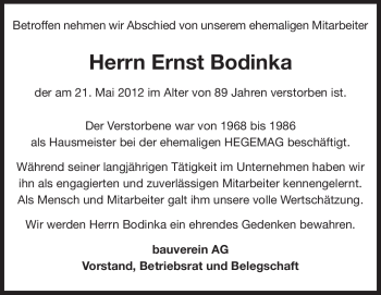 Traueranzeige von Ernst Bodinka von Echo-Zeitungen (Gesamtausgabe)