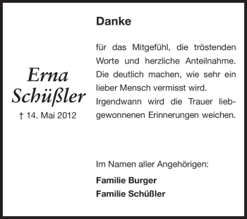 Traueranzeige von Erna Schüßler von Echo-Zeitungen (Gesamtausgabe)