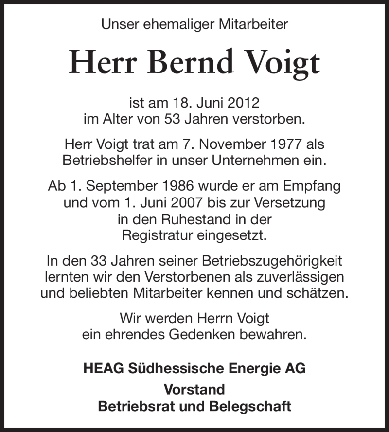  Traueranzeige für Bernd Voigt vom 25.06.2012 aus Echo-Zeitungen (Gesamtausgabe)