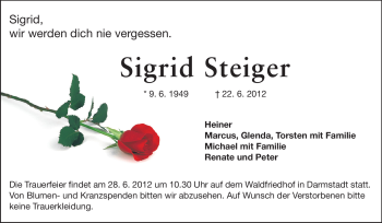 Traueranzeige von Sigrid Steiger  von Darmstädter Echo, Odenwälder Echo, Rüsselsheimer Echo, Groß-Gerauer-Echo, Ried Echo