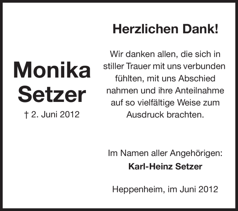  Traueranzeige für Monika Setzer vom 30.06.2012 aus Starkenburger Echo