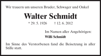 Traueranzeige von Walter Schmidt von Darmstädter Echo, Odenwälder Echo, Rüsselsheimer Echo, Groß-Gerauer-Echo, Ried Echo