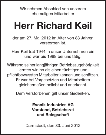 Traueranzeige von Richard Keil von Echo-Zeitungen (Gesamtausgabe)