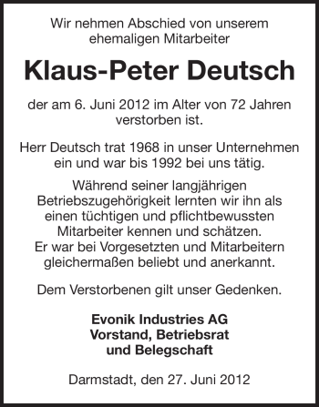 Traueranzeige von Klaus-Peter Deutsch von Echo-Zeitungen (Gesamtausgabe)