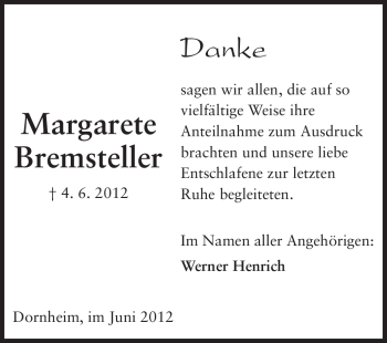 Traueranzeige von Margarete Bremsteller von Rüsselsheimer Echo, Groß-Gerauer-Echo, Ried Echo