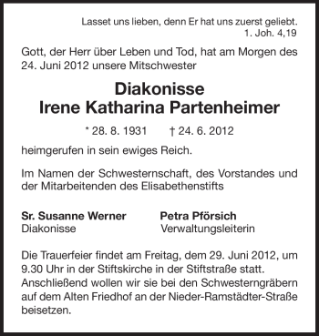 Traueranzeige von Irene Katharina Partenheimer von Echo-Zeitungen (Gesamtausgabe)
