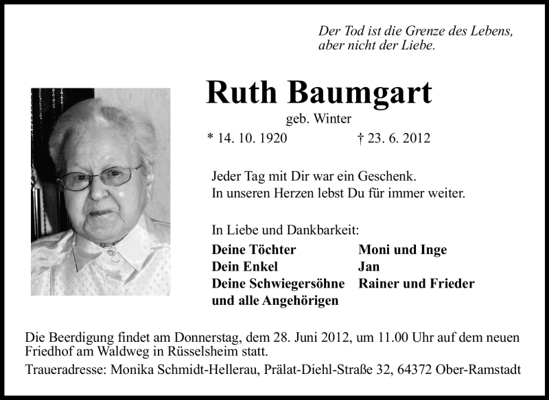  Traueranzeige für Ruth Baumgart vom 26.06.2012 aus Rüsselsheimer Echo, Groß-Gerauer-Echo, Ried Echo