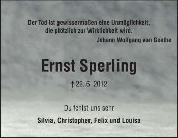 Traueranzeige von Ernst Sperling von Echo-Zeitungen (Gesamtausgabe)