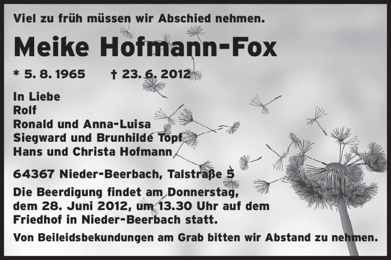  Traueranzeige für Meike Hofmann-Fox vom 27.06.2012 aus Echo-Zeitungen (Gesamtausgabe)