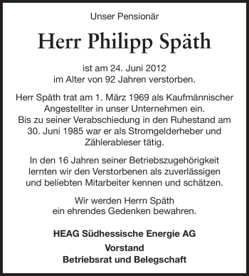 Traueranzeige von Philipp Späth von Echo-Zeitungen (Gesamtausgabe)
