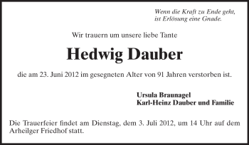 Traueranzeige von Hedwig Dauber von Echo-Zeitungen (Gesamtausgabe)