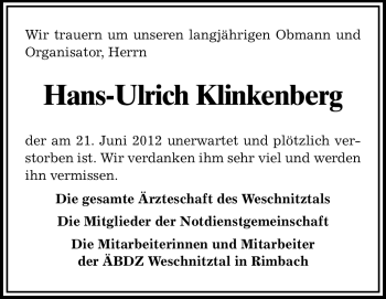 Traueranzeige von Hans-Ulrich Klingenberg von Starkenburger Echo