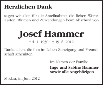 Traueranzeige von Josef Hammer von Darmstädter Echo, Odenwälder Echo, Rüsselsheimer Echo, Groß-Gerauer-Echo, Ried Echo