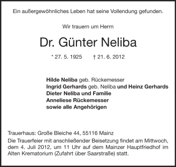 Traueranzeige von Günter Neliba von Rüsselsheimer Echo, Groß-Gerauer-Echo, Ried Echo
