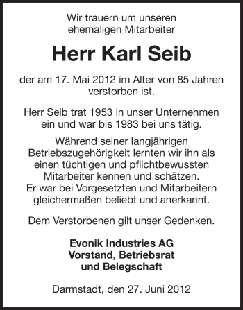 Traueranzeige von Karl Seib von Echo-Zeitungen (Gesamtausgabe)