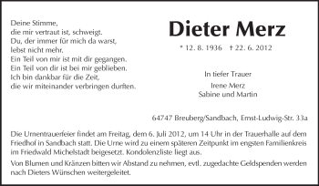 Traueranzeige von Dieter Merz von Odenwälder Echo