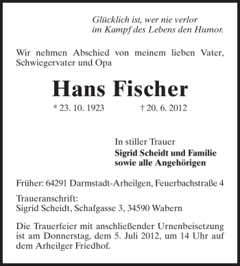 Traueranzeige von Hans Fischer von Echo-Zeitungen (Gesamtausgabe)