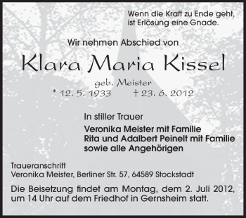 Traueranzeige von Klara Maria Kissel von Echo-Zeitungen (Gesamtausgabe)