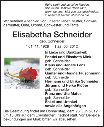 Traueranzeige von Elisabetha Schneider von Echo-Zeitungen (Gesamtausgabe)