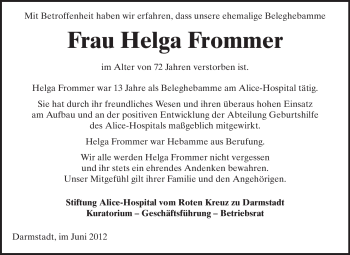 Traueranzeige von Helga Frommer von Echo-Zeitungen (Gesamtausgabe)