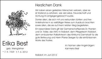 Traueranzeige von Erika Best von Darmstädter Echo, Odenwälder Echo, Rüsselsheimer Echo, Groß-Gerauer-Echo, Ried Echo