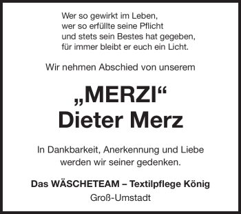 Traueranzeige von Dieter Merz von Odenwälder Echo