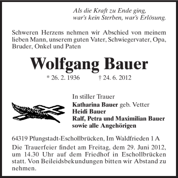 Traueranzeige von Wolfgang Bauer von Echo-Zeitungen (Gesamtausgabe)