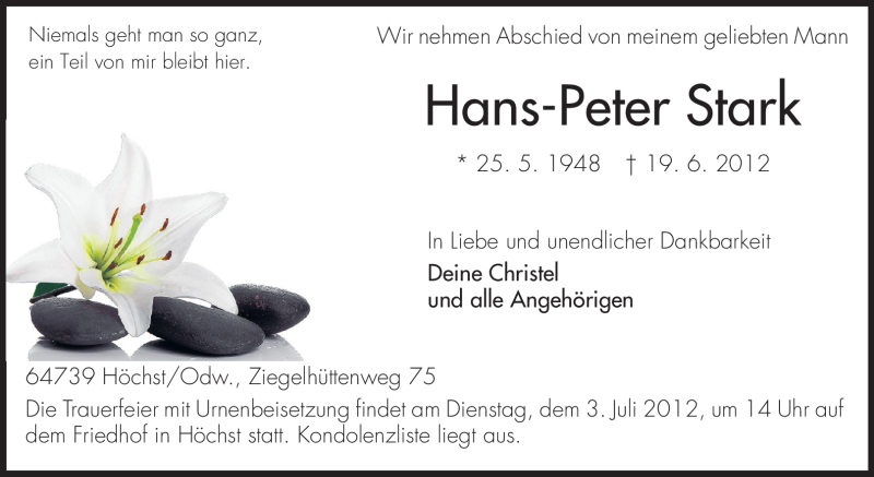 Traueranzeige für Hans-Peter Stark vom 30.06.2012 aus Odenwälder Echo