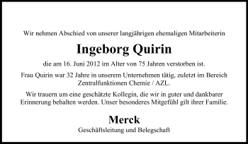 Traueranzeige von Ingeborg Quirin von Echo-Zeitungen (Gesamtausgabe)