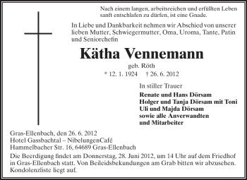Traueranzeige von Kätha Vennemann von Odenwälder Echo