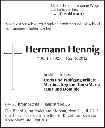 Traueranzeige von Hermann Hennig von Odenwälder Echo