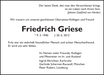 Traueranzeige von Friedrich Griese von Odenwälder Echo