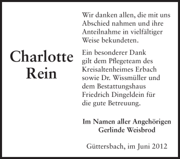 Traueranzeige von Charlotte Rein von Odenwälder Echo